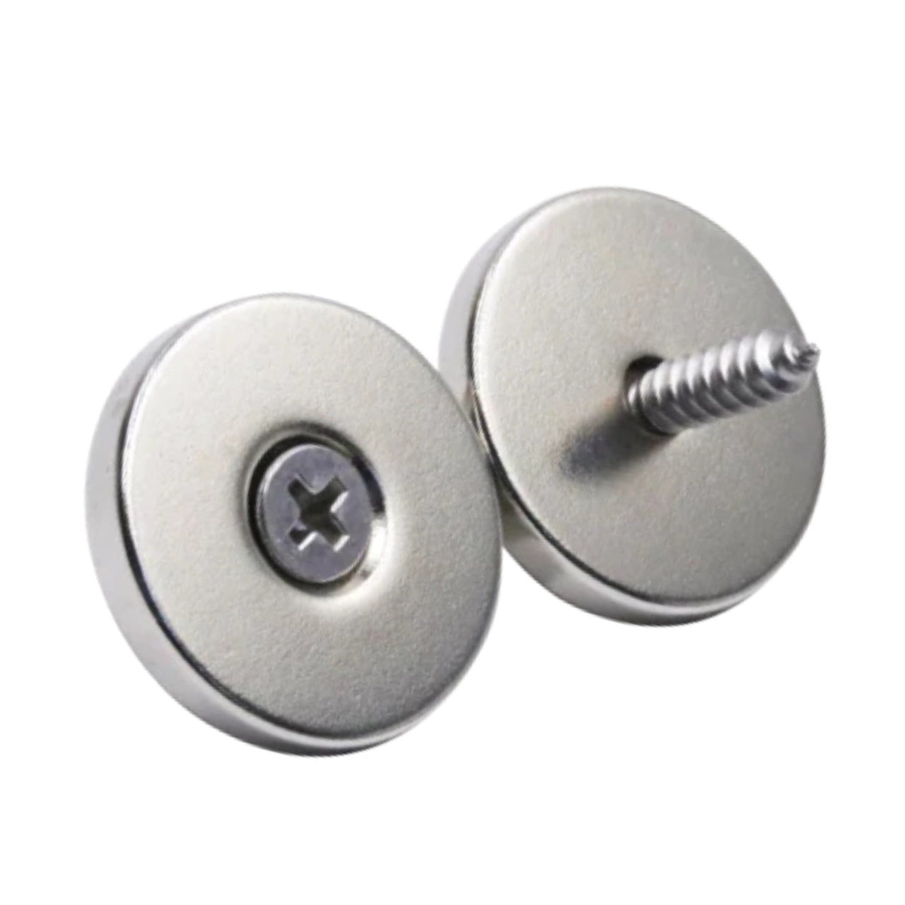Two metallic disc magnets with screws